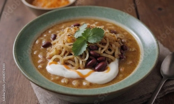 Fototapeta Delicious bowl of spicy noodle soup with beans and yogurt served in rustic kitchen setting