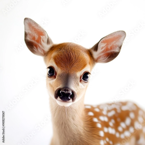 Obraz Portrait of a cute spotted fawn looking directly at the camera, isolated on white background, symbolizing innocence and nature