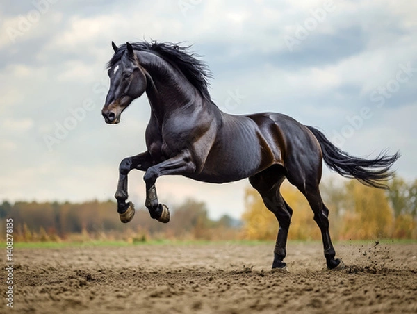 Obraz Powerful black horse captured mid-rear on a dirt field with a natural background, symbolizing strength, grace, and freedom