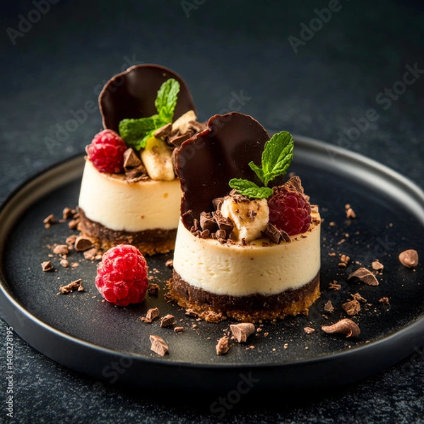 Obraz Elegant mini cheesecakes topped with chocolate shards, raspberries, banana slices, and mint leaves, served on a dark plate for contrast