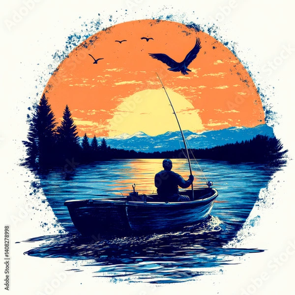 Obraz Artistic illustration of a man fishing alone in a small boat on a calm lake during sunset, with mountains and birds in view
