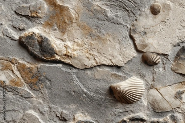 Fototapeta Fossil stone surface with embedded seashell textures in natural gray beige and brown rock layers detailed geological digital art wallpaper for nature and science design