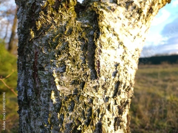 Obraz bark of a birch tree in the meadow at sunset in autumn
