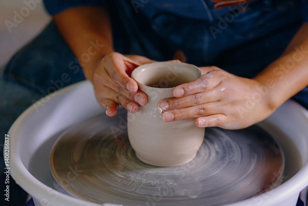 Fototapeta Close-up of a Latina woman’s hands shaping a ceramic piece in her workshop. The image captures effort, focus, and handcrafted detail.
