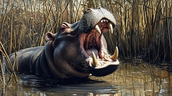 Fototapeta Majestic hippopotamus yawning widely in a tranquil waterhole surrounded by towering reeds and their serene reflections on the calm surface