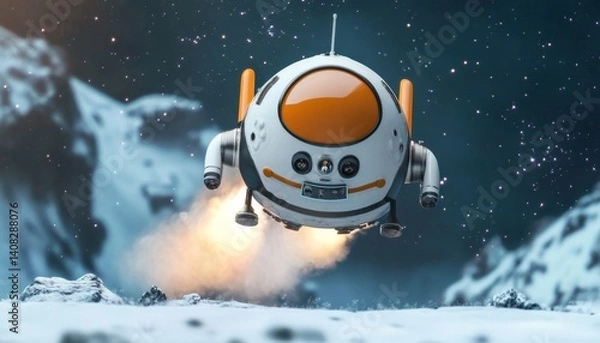 Obraz 3D Render Cute Spaceship Landing on Frosty Planet, Sci-fi, Spacecraft, digital art Spaceship, 3D rendering