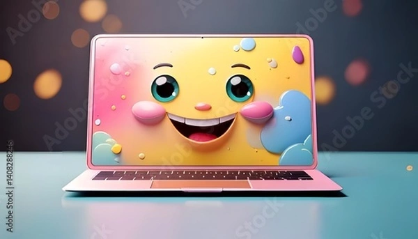 Fototapeta laptop computer 3d  illustration. laptop computer vector illustration. laptop computer 3d render Isolated on Soft Pastel Background.smiley face emoji The effect of happy face on the screen of a laptop