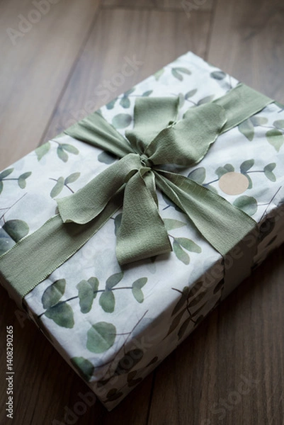 Obraz Beautifully wrapped gift in a paper with eucalyptus and a green bow. Wrapping paper with green eucalyptus on white background.