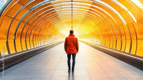 Fototapeta Person standing in illuminated tunnel urban setting scenic photo warm colors perspective on journey