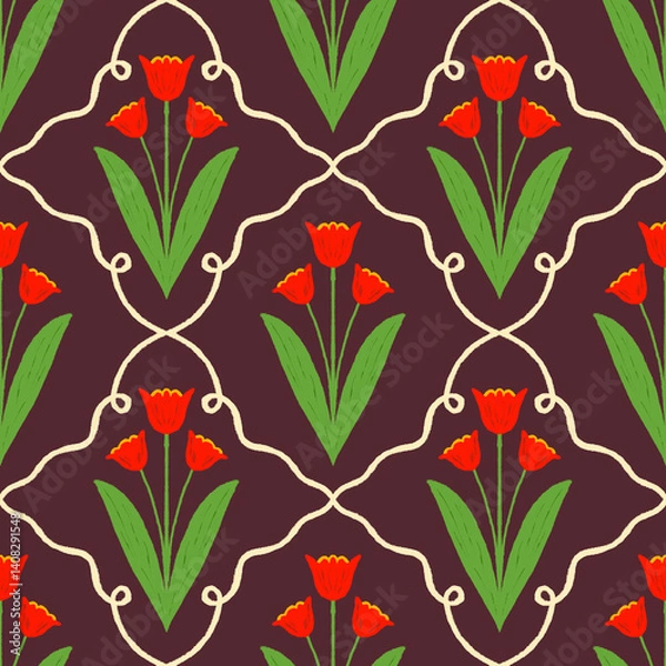Fototapeta seamless pattern with tulips on dark background. Elegant Endless Design ideal for Fabric, Wrapping Paper. spring summer Garden.
