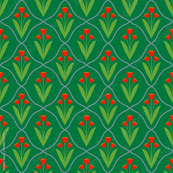 Obraz seamless pattern with tulips on green background. Elegant Endless Design ideal for Fabric, Wrapping Paper. spring summer Garden