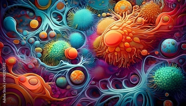 Obraz  vibrant Microscopic view of bacteria  Biology, Science Microscopic medicine. Macro close up of bacteria and virus cells