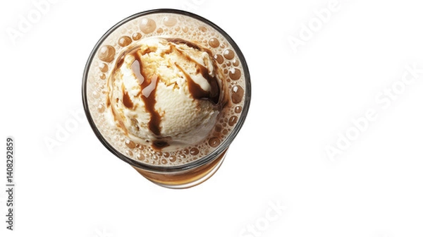 Fototapeta Ice cream float with soda bubbles in a tall glass, top view PNG, isolated and detailed