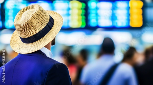 Fototapeta Ein Mann in Rückansicht steht am Flughafen, er trägt einen Anzug und einen Strohhut, er schaut auf die Anzeige im Hintergrund, Querformat