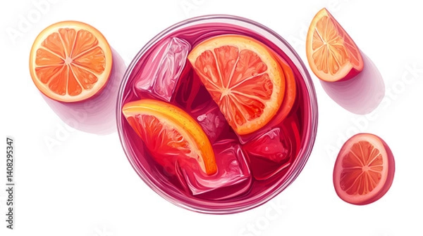 Obraz Sangria in a glass with visible fruit slices, red liquid, top view, photorealistic PNG 