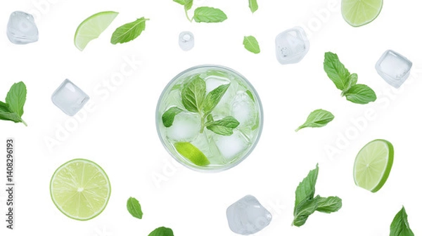 Obraz Mojito cocktail with mint, lime and ice cubes, top view, isolated on white, high-res PNG