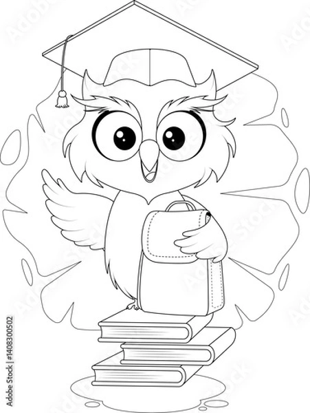 Fototapeta Owl with backpack sitting on books. School-themed coloring page for kids