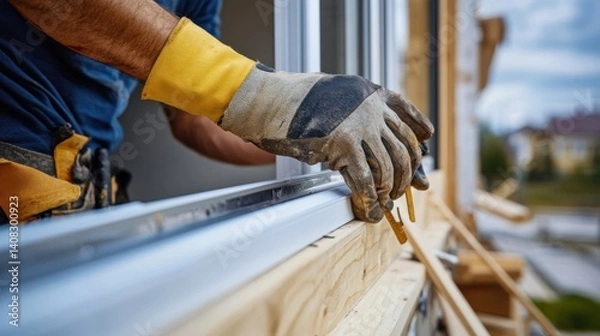 Fototapeta Builder installing windows at a construction site. Featuring precision and focus
