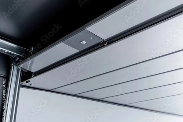 Fototapeta Close-up view of a modern, sleek, metallic garage door's mechanism.