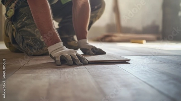 Fototapeta Builder laying flooring at a construction site. Featuring precision and effort