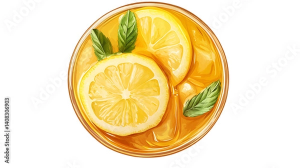 Obraz Glass of iced lemonade with lemon slices and mint, condensation effect, top view, isolated PNG