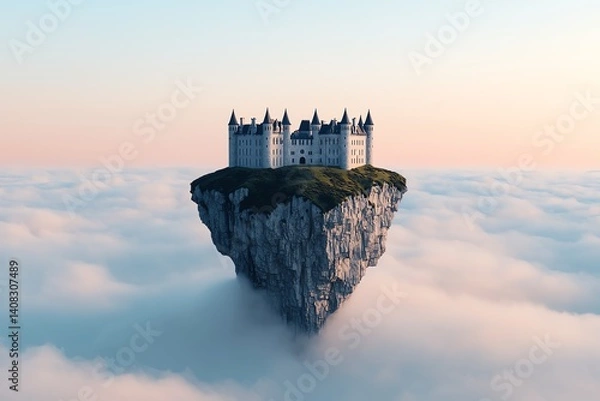 Fototapeta A floating castle above the clouds at dawn.