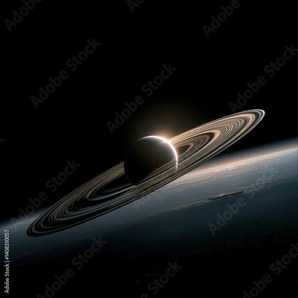 Fototapeta Exploring a ringed planet outer space vertical photograph cosmic environment hyperrealistic view planetary aesthetics