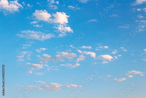 Fototapeta blue sky with many clouds on a sunny august morning. fluffy formations in bright weather. dynamic arrangement in the air. blue nature backdrop in morning light. warm forecast background