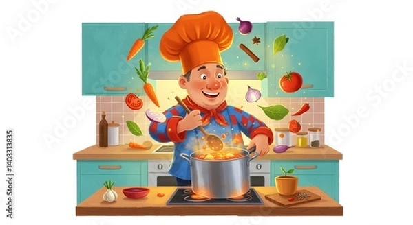 Obraz Colorful illustration of a happy chef joyfully cooking. Ingredients float magically around the pot, symbolizing creativity, flavor, and the magic of passionate cooking.