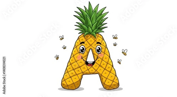 Obraz 
Fun cartoon letter "A" shaped like a pineapple with a smiling face and surrounded by cute bees. The illustration is cheerful, colorful, and perfect for kids or educational themes.