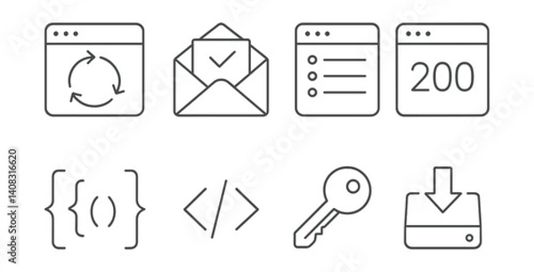 Fototapeta Set of icons: refresh, envelope, checklist, calendar, curly braces, code, key, download.