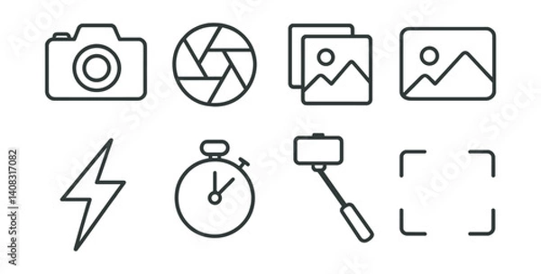 Obraz Line vector icons of camera and photography: camera icon, aperture symbol, photo gallery, landscape frame, flash icon, timer, selfie stick, focus square.