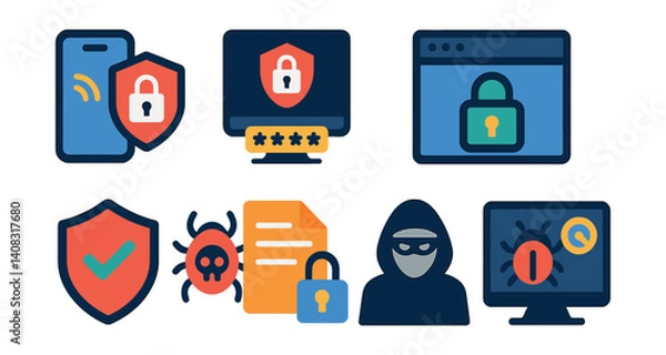 Obraz Set of icons: phone, lock, shield, computer, spider, document, mask, monitor.