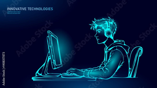 Obraz  Boy uses computer headphones. He sits focused typing coding. Suitable web development education games. Isolated sketch monochrome vector illustration