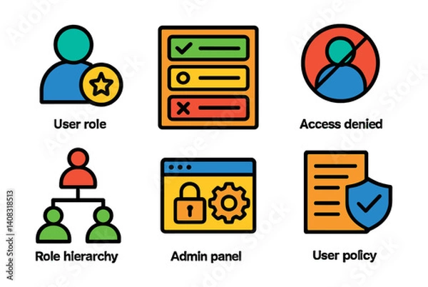 Fototapeta Set of six icons: User role, Access denied, Role hierarchy, Admin panel, User policy.