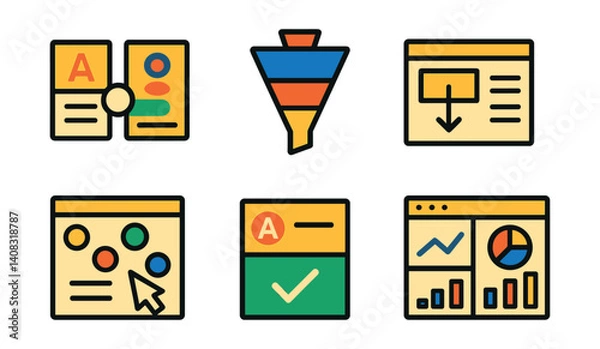 Fototapeta Set of six icons: layout, funnel, presentation, cursor, checklist, analytics.