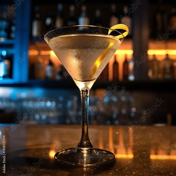 Fototapeta Close up of a martini glass with a lemon twist on a bar top with a blurred background of bottles