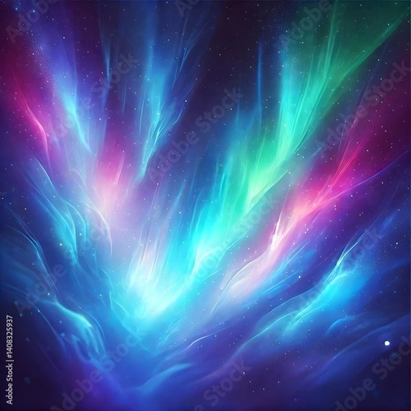 Fototapeta A high-quality cosmic aurora gradient background featuring vibrant shades of blue, green, and purple. The colors smoothly blend to create an ethereal effect, resembling a glowing aurora borealis.