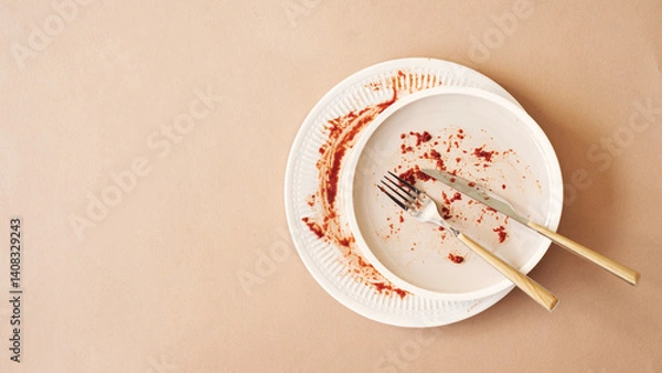 Obraz Empty plate with crumbs after eating on a orange background
