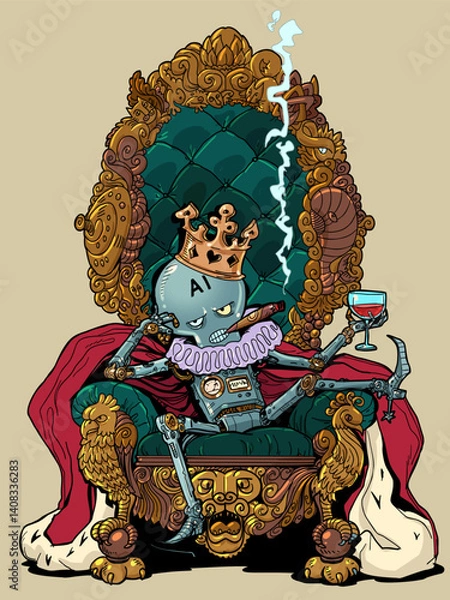 Fototapeta Machine power over humanity. Majestic AI and its abilities. Artificial intelligence sits on the throne with wine and a cigar.
