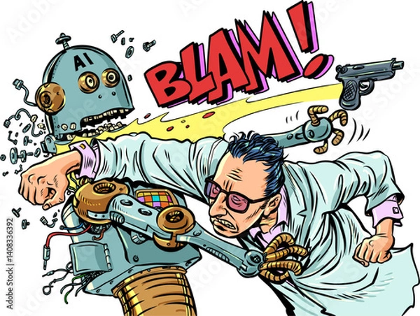Fototapeta Competition for jobs between humans and AI. Man beats robot with gun. Rebellion of machines against humanity.