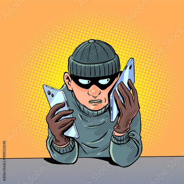 Fototapeta The fraudster uses the phone. The criminal online communicates by phone. Cybercrime on the Internet.