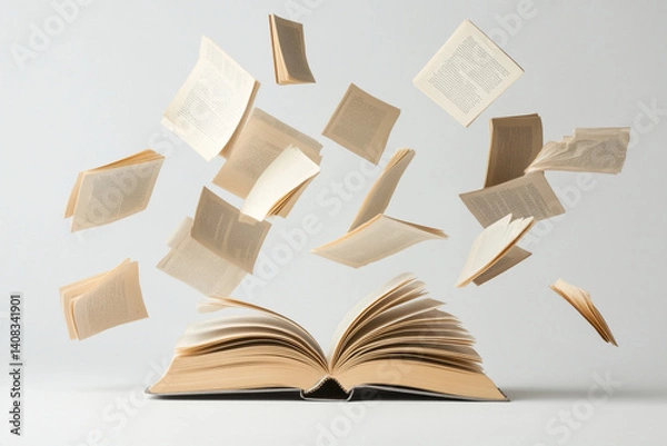 Fototapeta Floating pages from an open book create a captivating visual representation of storytelling and imagination