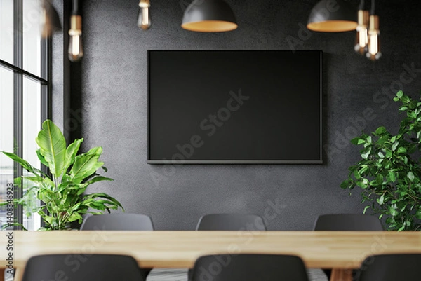 Fototapeta A minimalist modern meeting room featuring a large blank screen ready for presentations, bathed in soft light against a dark textured wall with lush greenery adding a touch of nature.