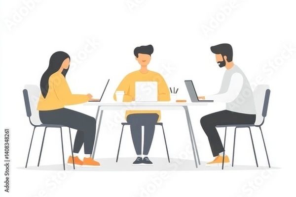 Fototapeta Collaboration among three individuals working at a modern table in an office setting during a productive day
