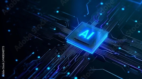 Obraz Abstract tech background with isometric AI chip and electric circuits Bright neon processor Vector illustration