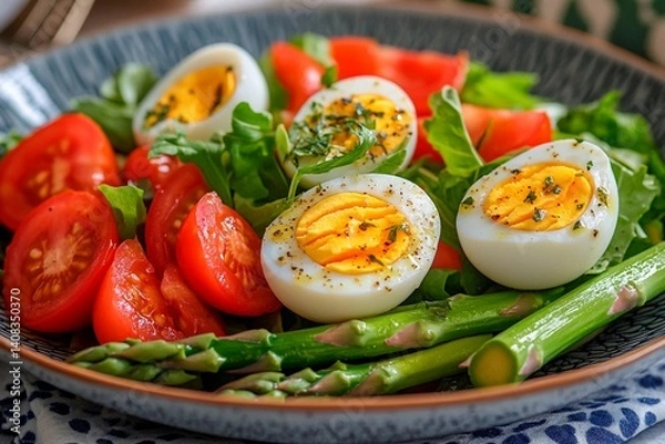 Fototapeta This vibrant dish features soft boiled eggs, ripe tomatoes, and asparagus arranged on a decorative plate. The fresh greens provide a healthy and colorful meal option