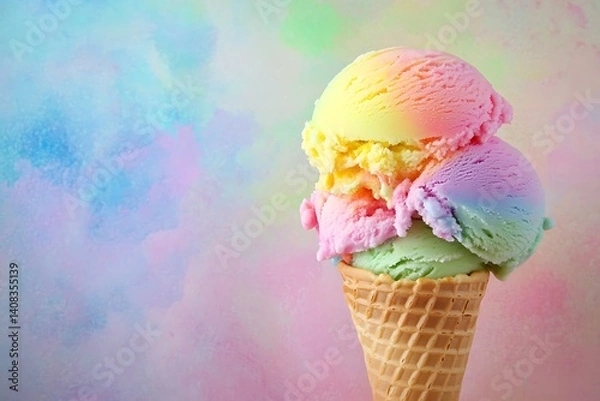 Fototapeta A colorful scoop of rainbow sherbet ice cream in a waffle cone, set against a soft pastel background