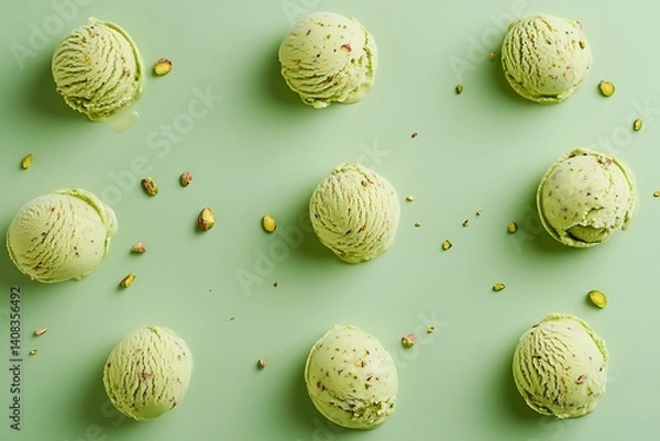 Fototapeta Elegant pistachio ice cream scoops styled with crushed pistachios on a soft green background