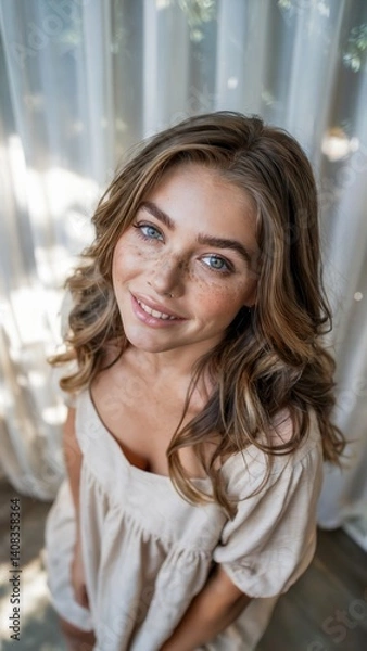 Fototapeta A portrait captures a stunning 20-year-old fashion model with a cute smile, taken from a high-angle perspective